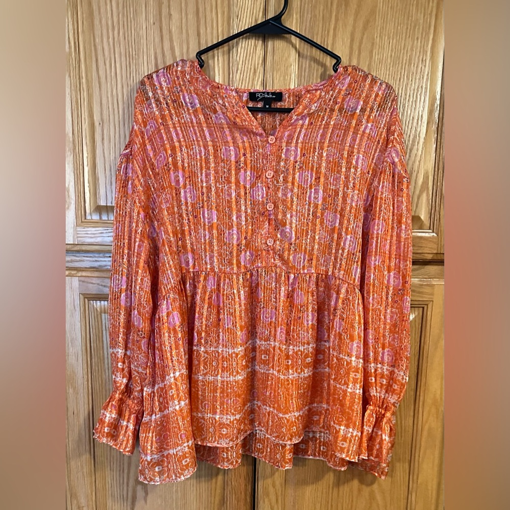 RD and KoKo size medium sheer orange crinkled tunic peasant boho Halloween fall